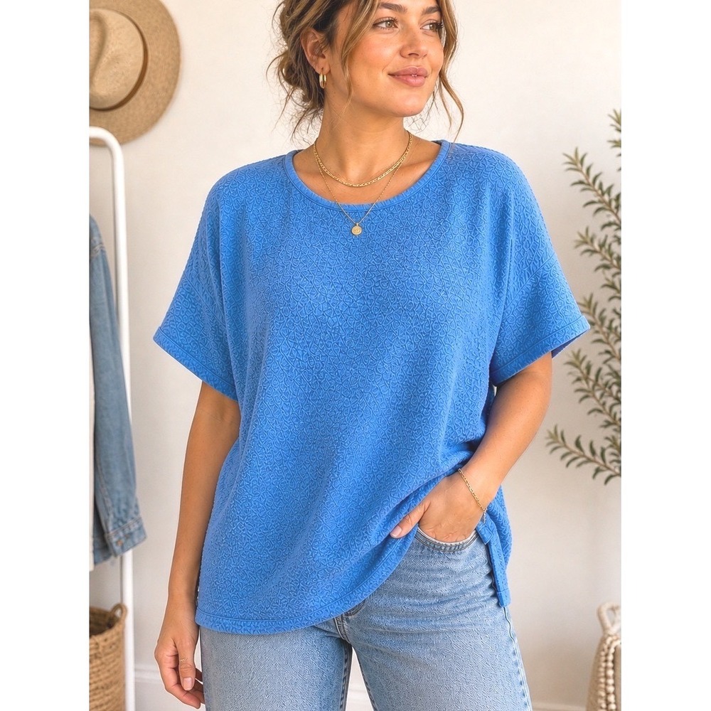 Anne Klein Textured Short Sleeve Top Blue‎ Size XL Relaxed Crew Neck Blouse